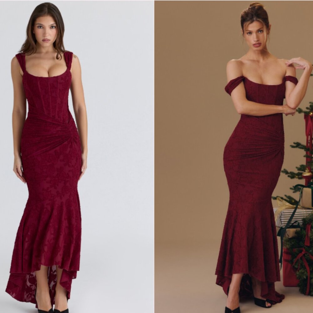 House of CB Cesca wine floral lace corset maxi dress NWOT